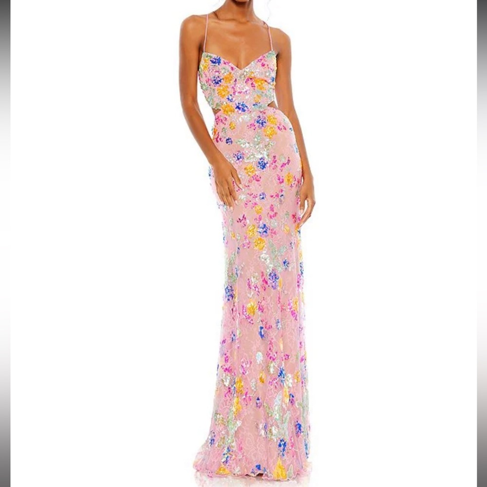 Mac Duggal Metallic Floral Sheath Gown